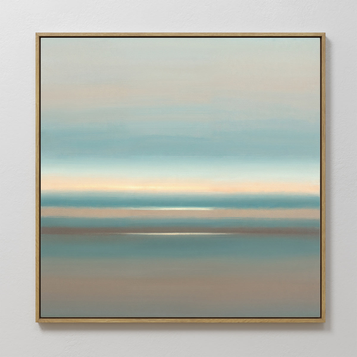 The Soft Tide Layers Canvas Art - Square features calming abstract horizontal bands of blue, beige, and gray, echoing a serene seascape—ideal coastal wall art to bring tranquility to any interior.