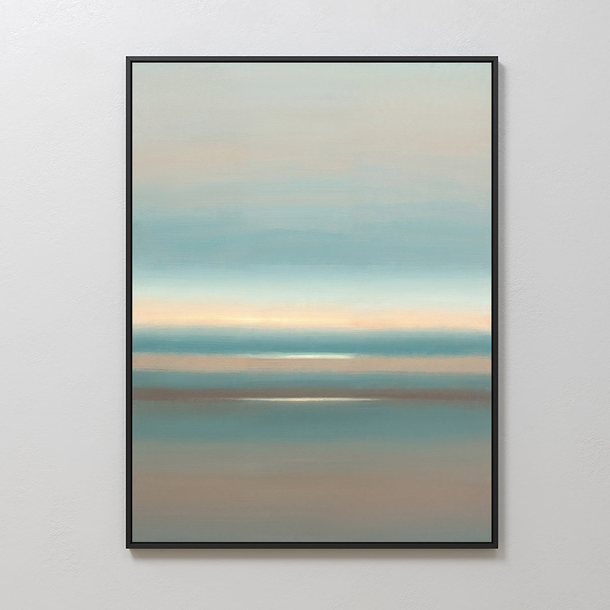 The Soft Tide Layers Canvas Art - Vertical features calming abstract bands of blue, beige, and light brown, creating a serene blurred landscape—ideal coastal wall art for tranquil home décor on a plain white wall.