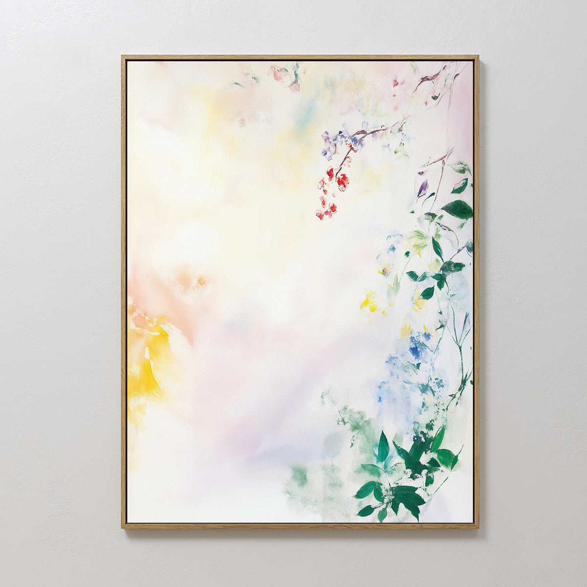 The Spring Reverie Canvas Art - Vertical features soft pastel watercolors with green leaves and colorful flowers, making it a perfect botanical wall art piece for floral home decor.