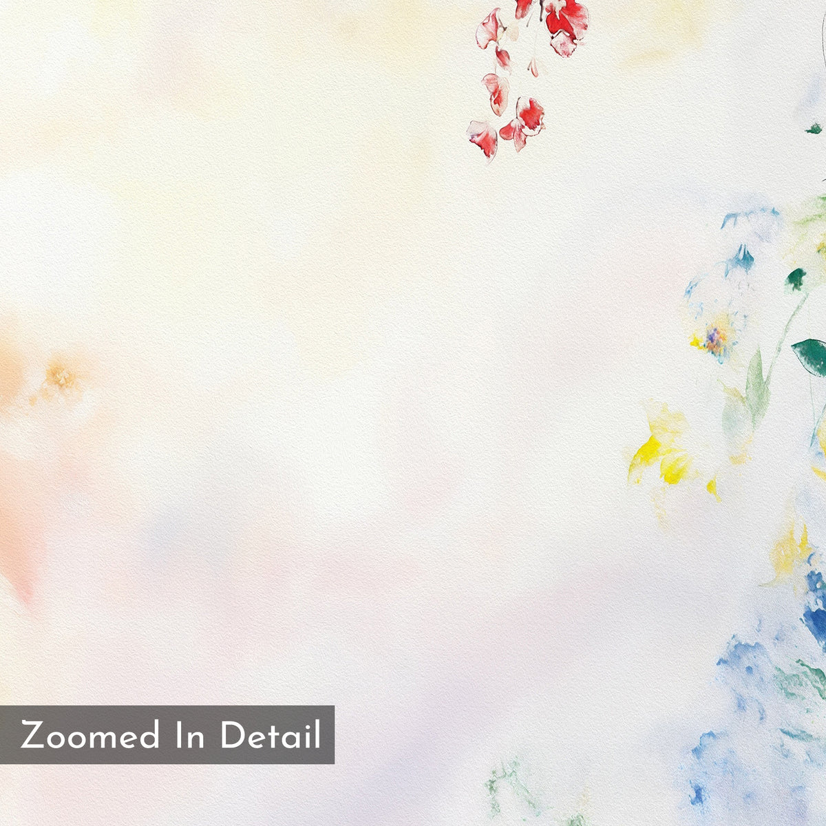 Spring Reverie Canvas Art - Vertical features a soft watercolor background with pastel shades and delicate red and blue floral accents. "Zoomed In Detail" appears in a gray box at the lower left corner, perfect for botanical wall art.