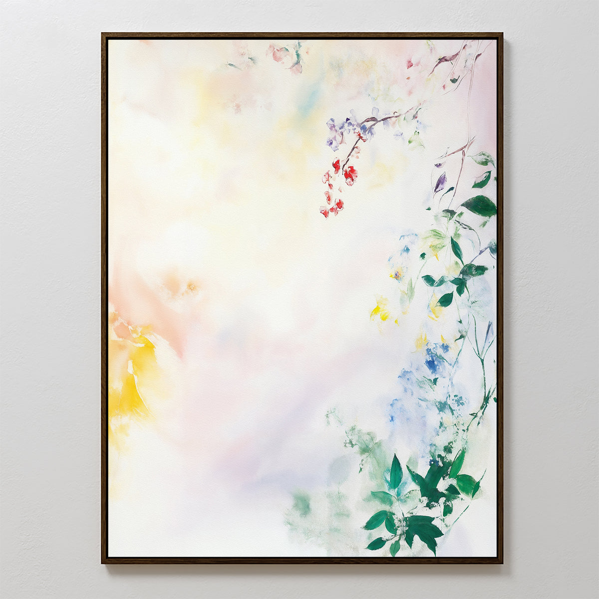 Spring Reverie Canvas Art - Vertical is a framed watercolor print with delicate green, blue, yellow, and red flowers and leaves on a pastel background—an airy botanical wall piece ideal for floral-inspired home decor.