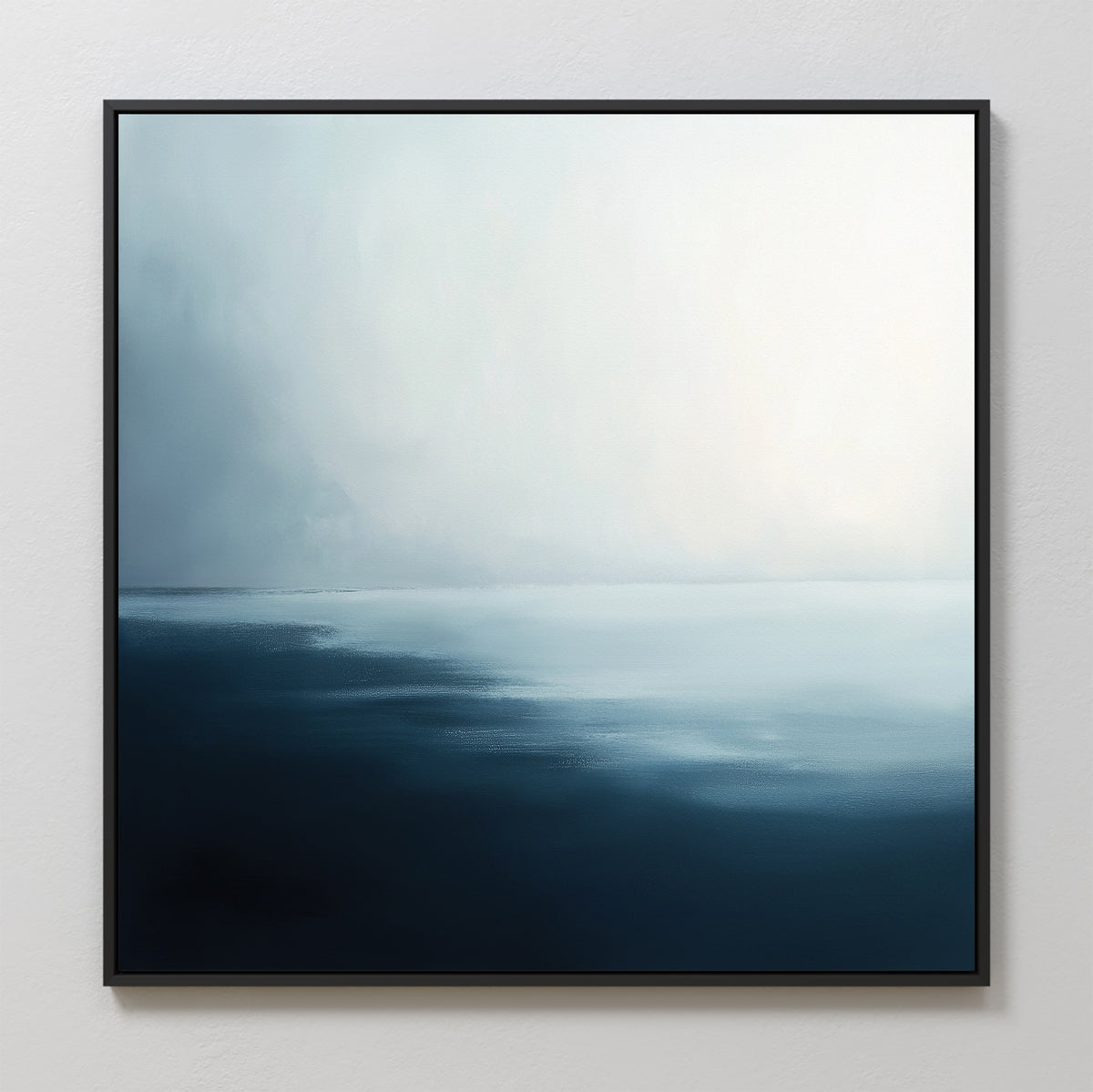 The Steel Harbor Mist Canvas Art - Square features a minimalist blue gradient in a sleek black frame, fading from dark to light and capturing serene harbor vibes—ideal wall art for Nordic Park-inspired interiors.