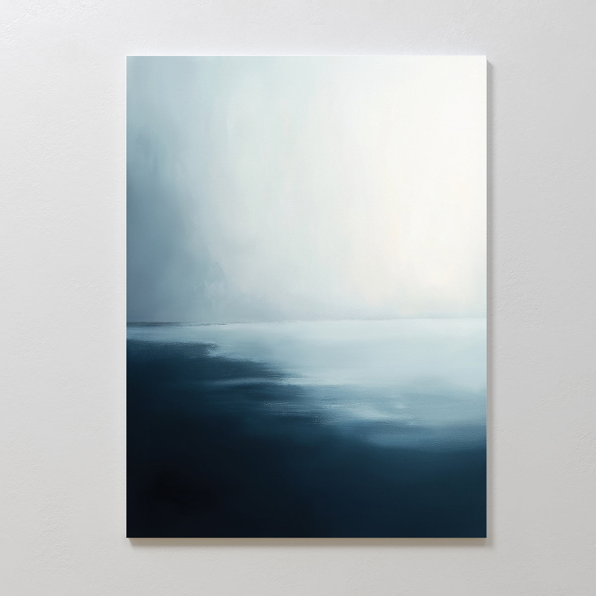 Steel Harbor Mist Canvas Art - Vertical features a gradient of soft blue and white, evoking calm waters beneath a hazy sky—perfect wall art for your living room, especially when displayed on a white wall.