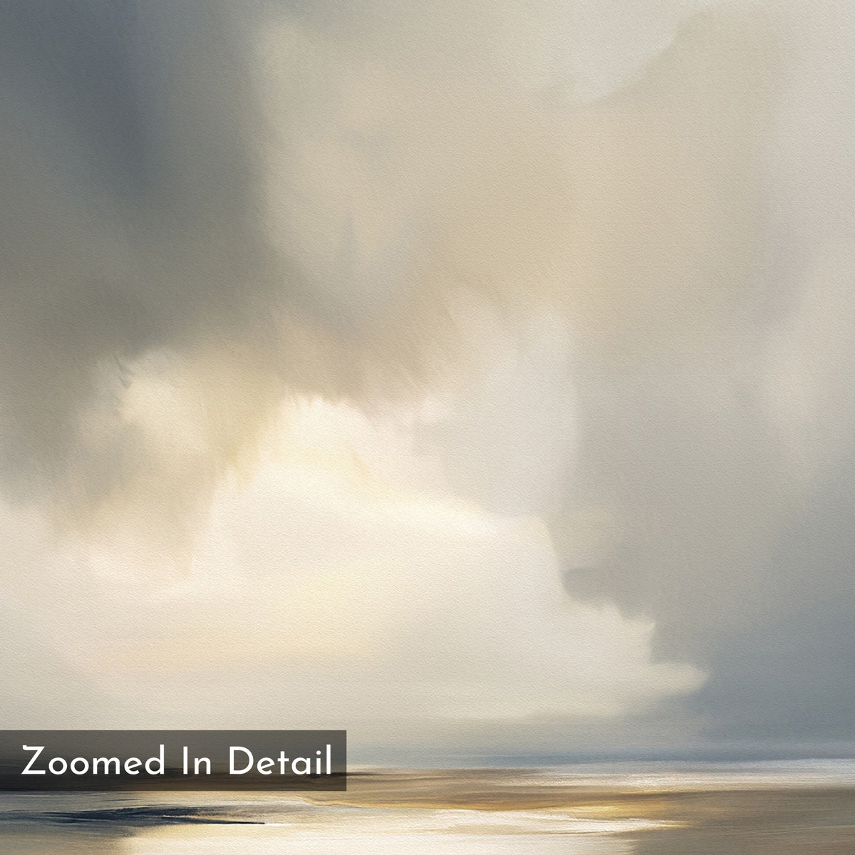 Stormy Tides Canvas Art - Vertical features a soft, abstract painting of a cloudy sky over calm water, gently illuminated. Ideal as serene abstract wall art. "Zoomed In Detail" is noted in the lower left corner.