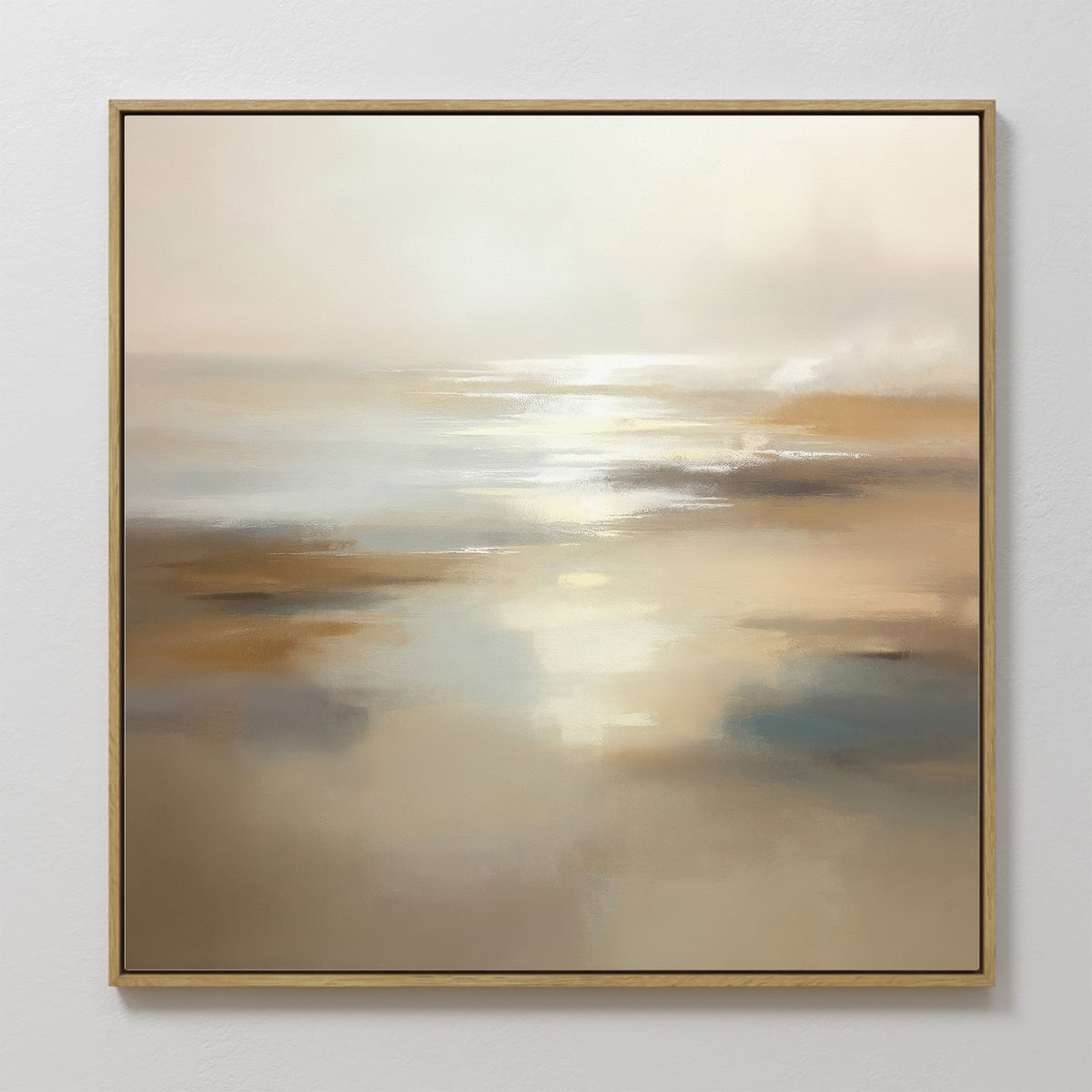 The Sunlit Waters Canvas Art - Square features soft, blurred beige, brown, and blue tones, evoking a tranquil beach with sunlit reflections—perfect as Nordic Park-inspired wall décor in beige and cream.