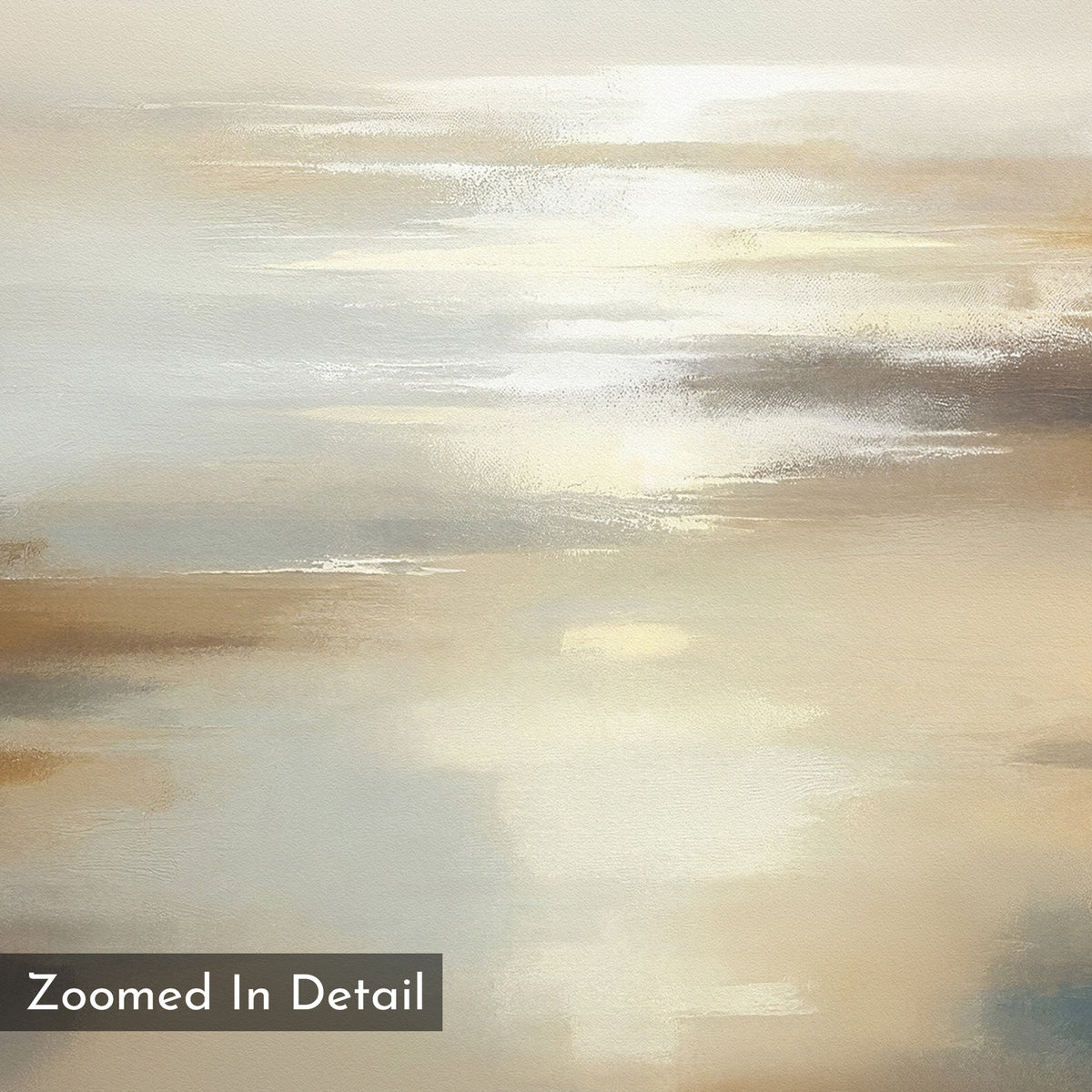Sunlit Waters Canvas Art - Square features soft, blended tones of beige, cream, white, and light brown for a serene Nordic Park-inspired look. "Zoomed In Detail" label appears in the lower left corner of this captivating print.
