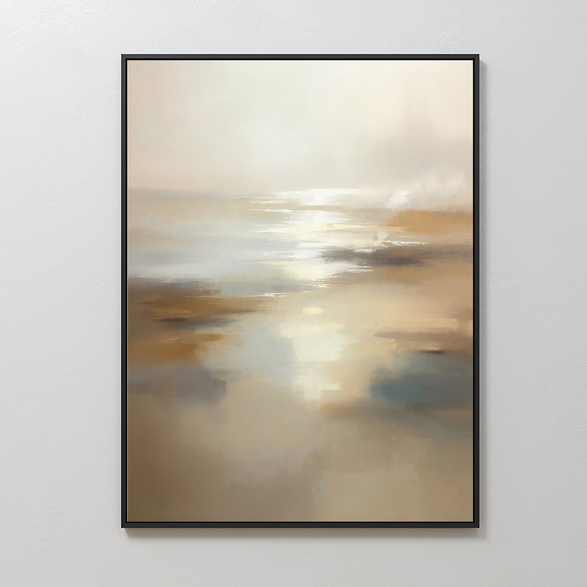 The Sunlit Waters Canvas Art - Vertical features soft blends of beige, tan, white, and blue that evoke a serene seascape—an ideal wall print to enhance Nordic Park-inspired interiors with calming, sunlit beauty.