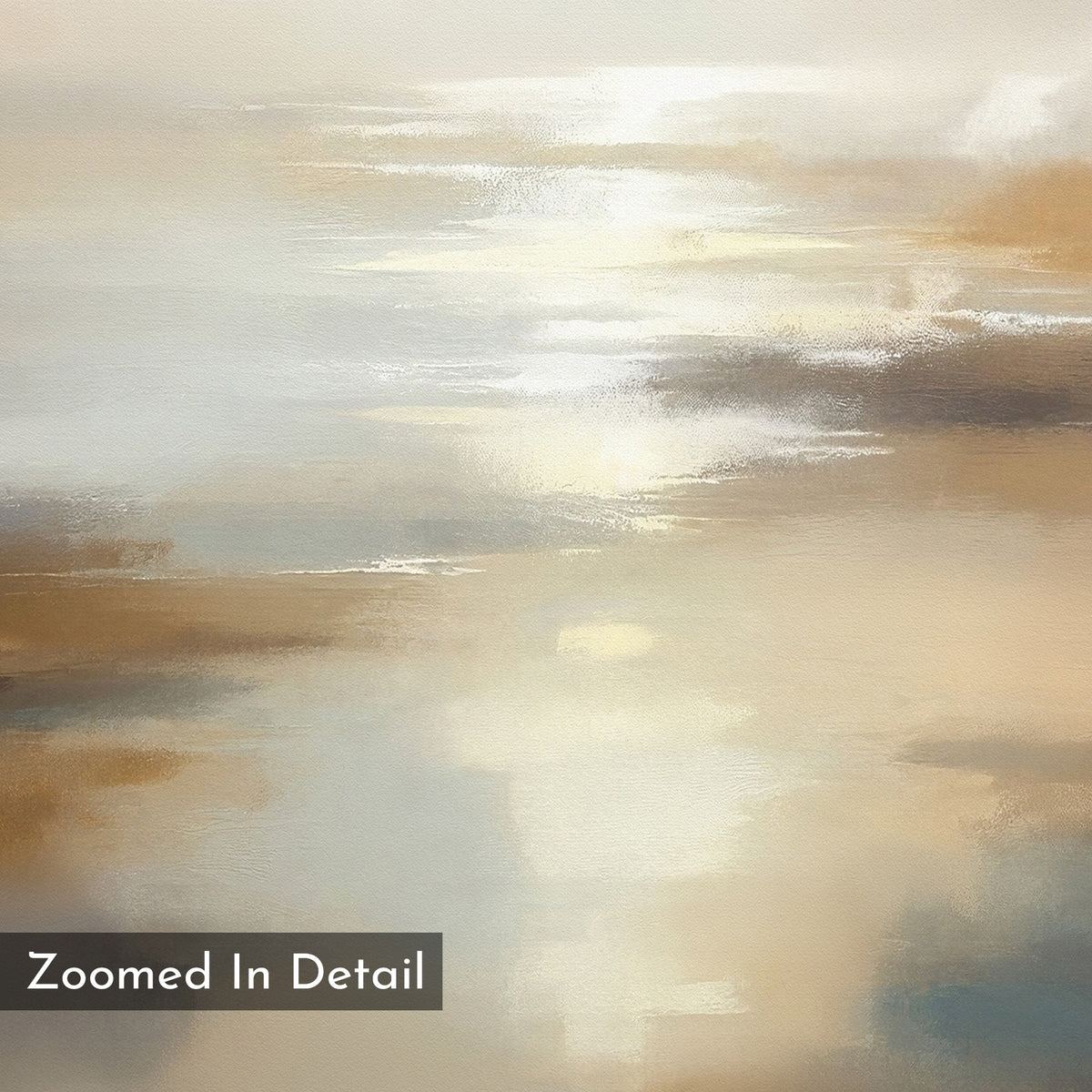 The Sunlit Waters Canvas Art - Vertical features an abstract design with soft beige, brown, white, and blue tones evoking light on water. Inspired by Nordic parks, it displays “Zoomed In Detail” text in the lower left corner.