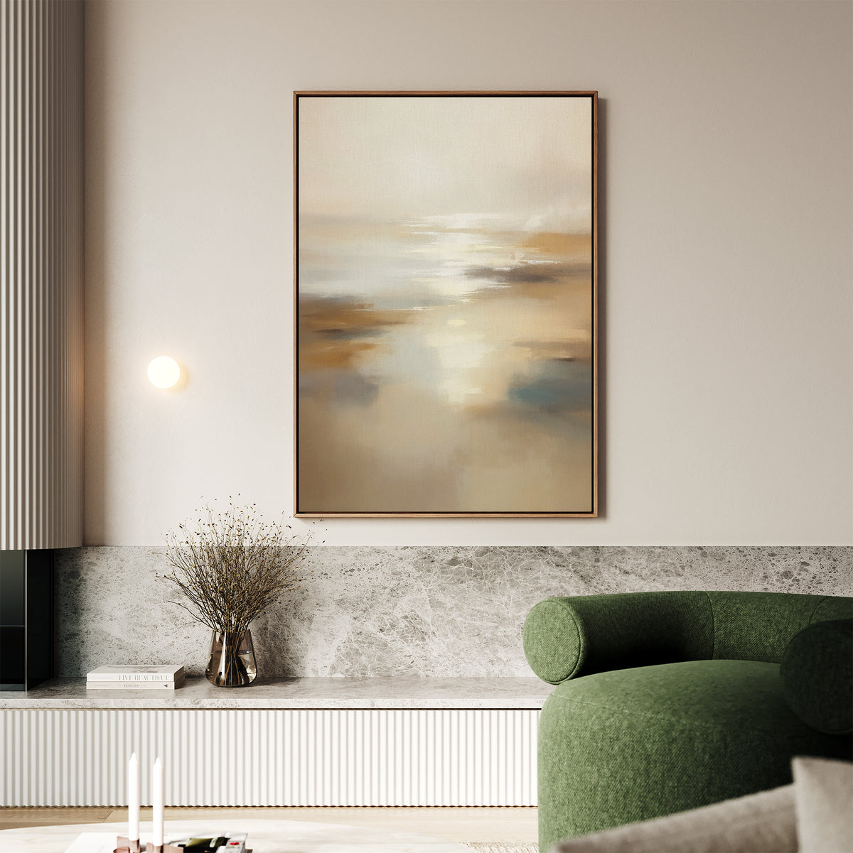 A modern living room with a green armchair, a marble bench, a vase with dried branches, and Sunlit Waters Canvas Art - Vertical—an abstract print in neutral tones—hanging on a beige wall.