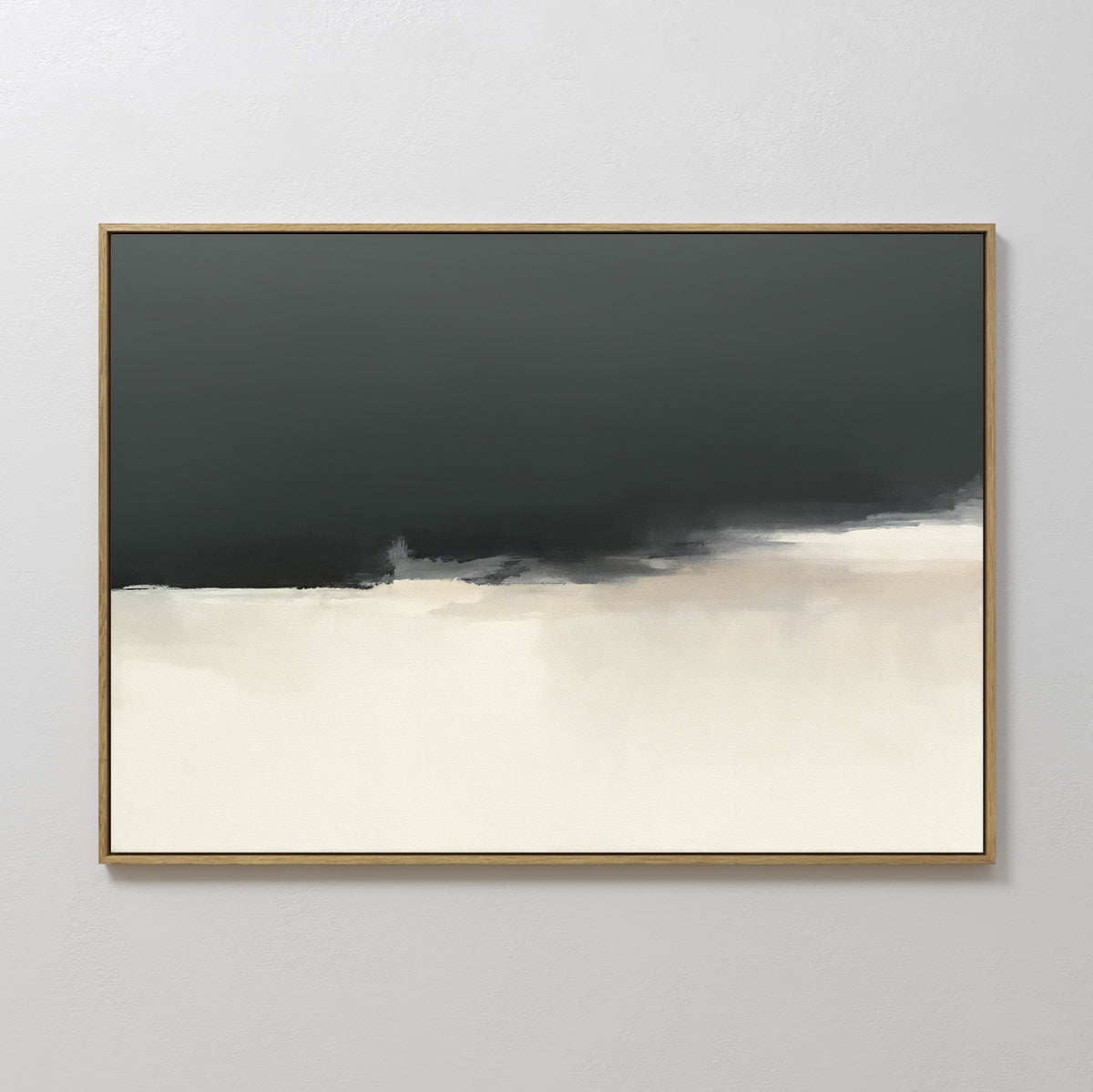 The Tempest Brewing Canvas Art - Horizontal features minimalist abstract wall art bordered by a wooden frame, showcasing dark gray blending into light beige and white with a soft horizontal gradient for an atmospheric effect.