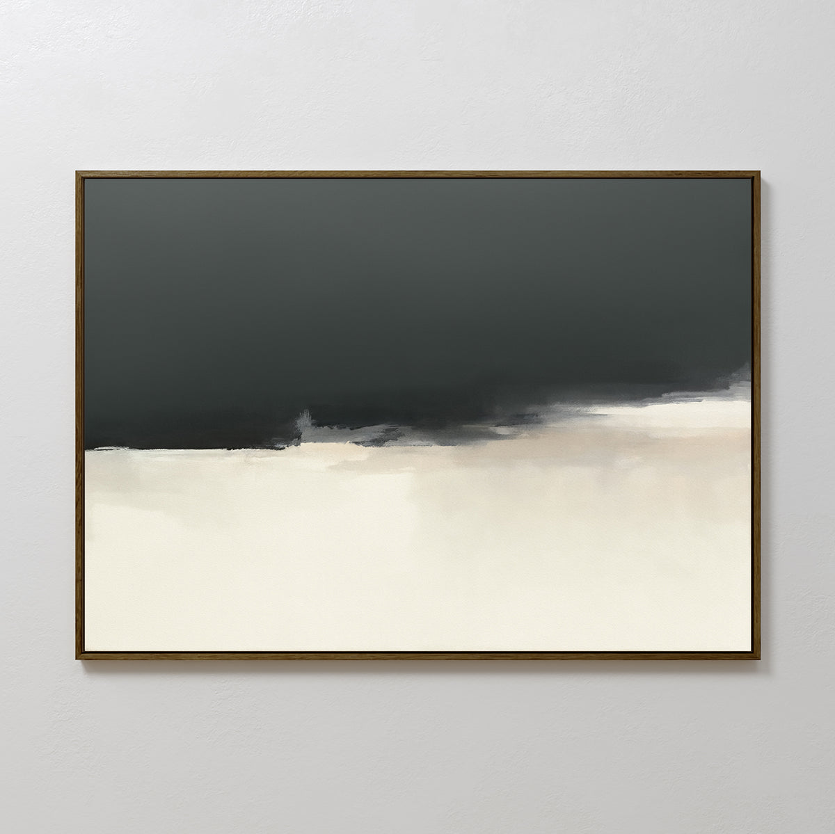 The Tempest Brewing Canvas Art - Horizontal features minimalist abstract design with a dark gray top blending into off-white and cream, set in a slim dark frame for a subtle yet striking effect on any light-colored wall.