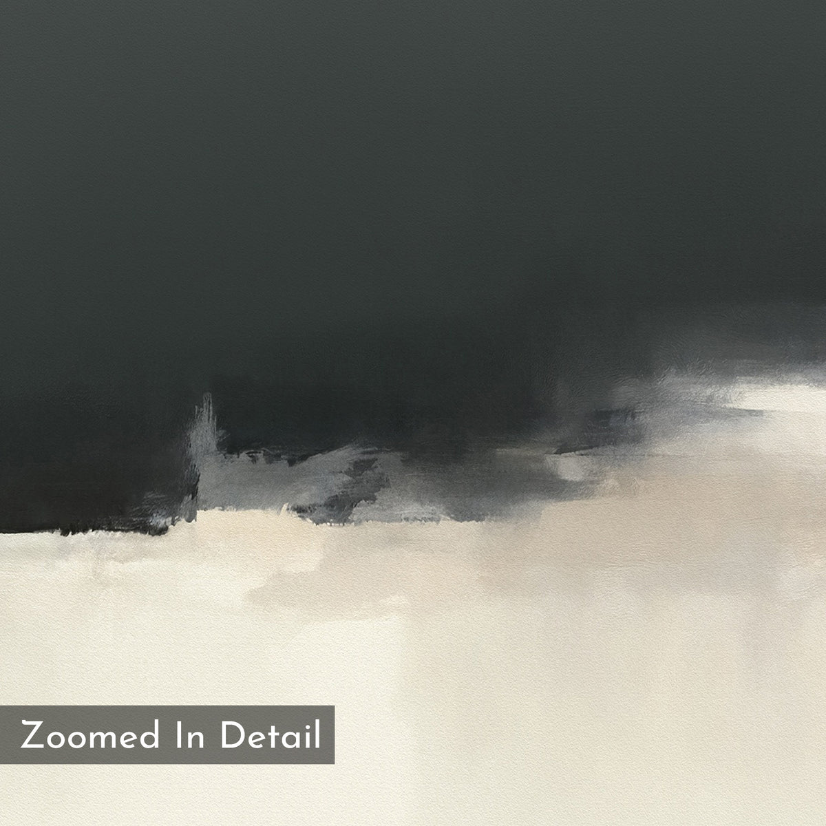 Tempest Brewing Canvas Art - Vertical features dark gray and black brushstrokes merging into beige and white, evoking a misty, textured look. Ideal as dramatic wall art for a Nordic Park-inspired space. A Zoomed In Detail label appears in the corner.