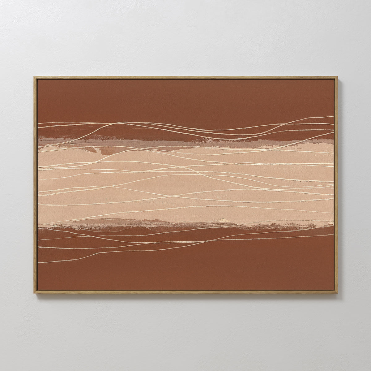 Terracotta Currents Canvas Art - Horizontal features abstract brown and beige bands with thin, wavy white lines. It comes framed in a slim gold border and looks striking against a white wall.