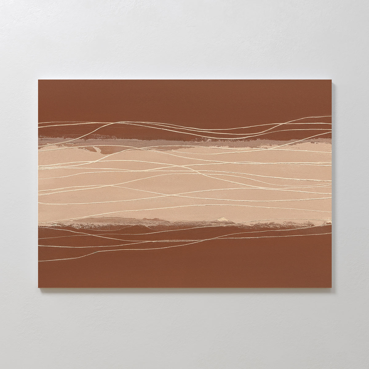 Terracotta Currents Canvas Art - Horizontal features textured horizontal layers in brown and beige with wavy cream and white lines, evoking an earthy landscape. Ideal modern wall art for a serene Nordic Park-inspired space on a plain white wall.