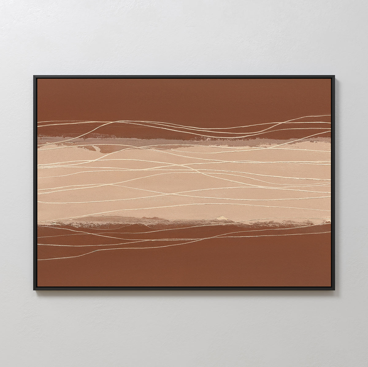 Terracotta Currents Canvas Art - Horizontal features abstract modern bands in brown and beige intersected by wavy white and tan lines. This minimalist piece in a thin black frame adds Nordic Park wall art style to any space.