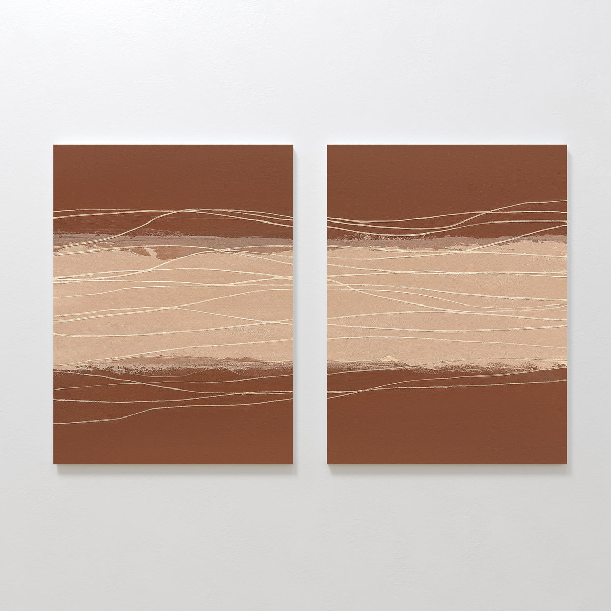 The Terracotta Currents - Set Of 2 features square abstract paintings in earthy brown, beige, and cream with horizontal bands and wavy white lines, creating refined modern Nordic wall art when displayed together.