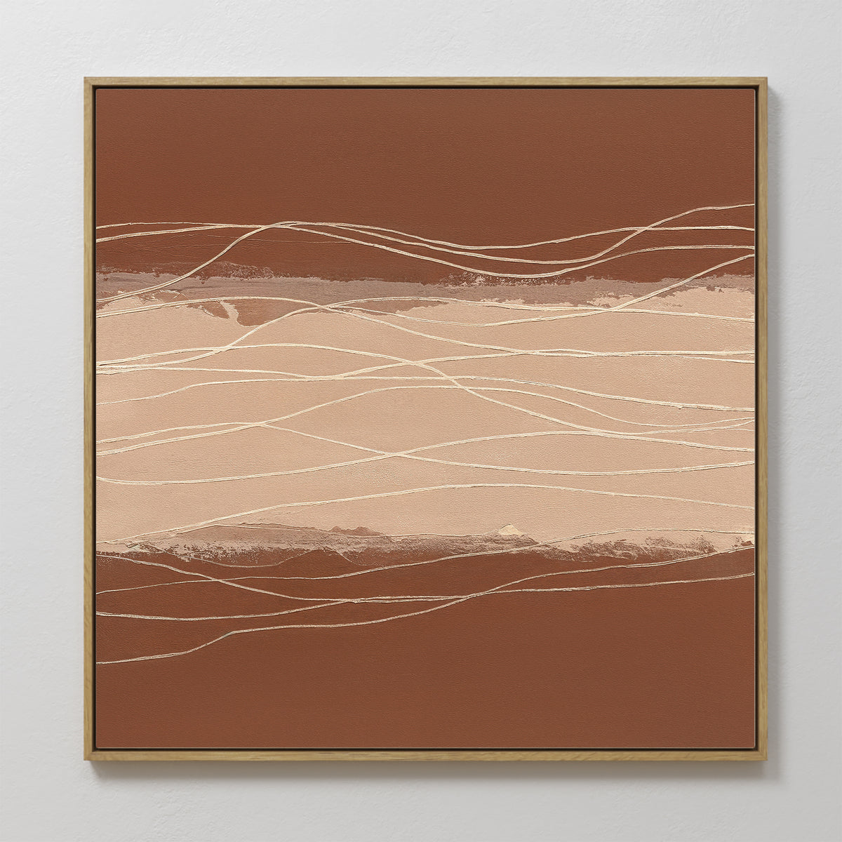 Terracotta Currents Canvas Art - Square features layered horizontal bands in brown and beige tones, with thin wavy cream lines crossing the center, creating an elegant modern wall art accent for your space.