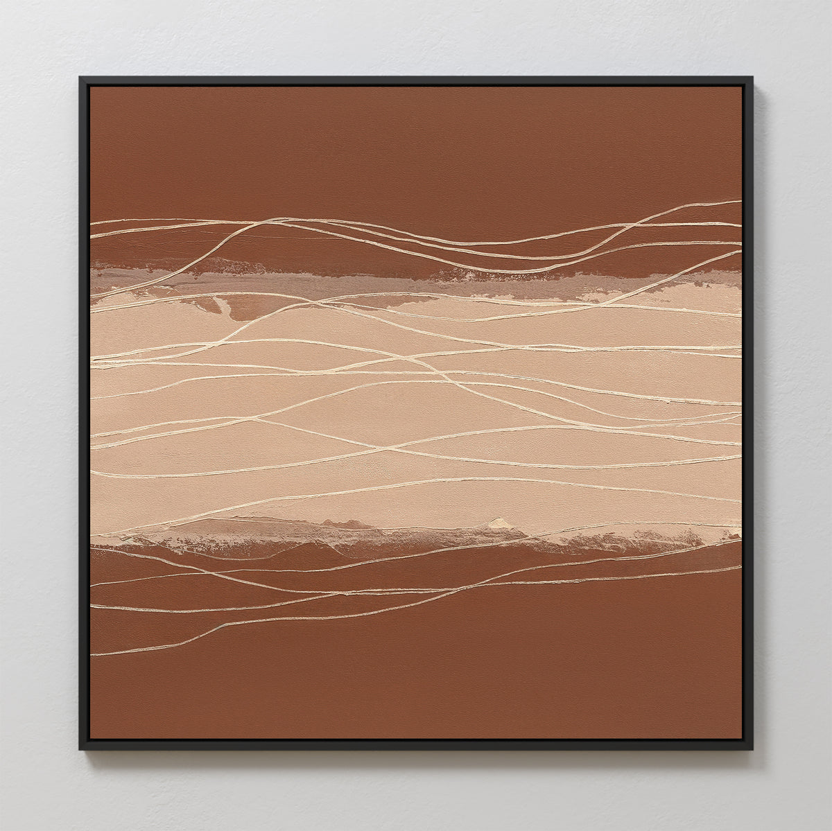 The Terracotta Currents Canvas Art - Square features earthy brown and beige tones with wavy cream lines and a black frame, making it an ideal accent for any Nordic Park-inspired decor.