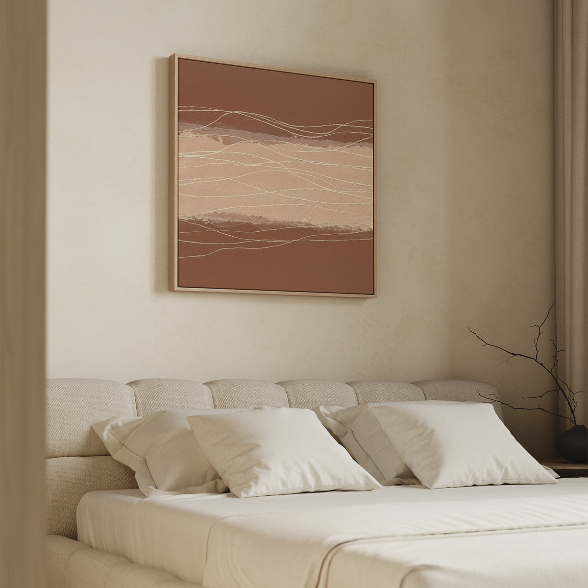 A beige, minimalist bedroom features a tufted bed with cream bedding and pillows. Above it hangs the Terracotta Currents Canvas Art - Square, displaying earthy wavy lines and enhancing the serene Nordic Park atmosphere. A bare branch in a vase sits nearby.