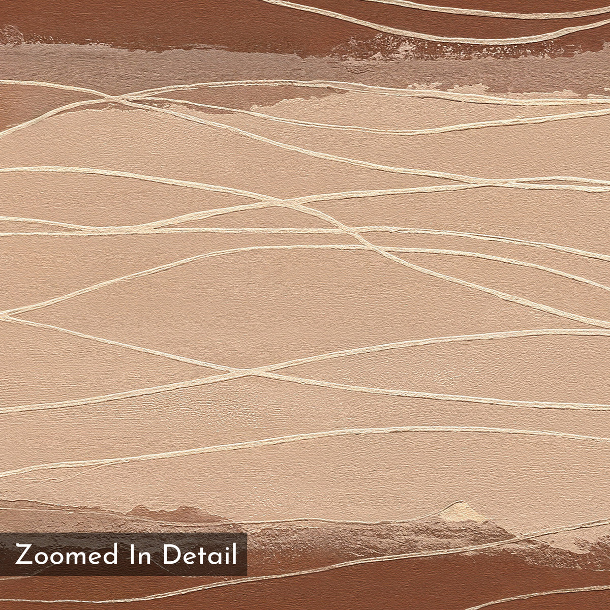 A close-up of the Terracotta Currents Canvas Art - Square shows wavy cream lines over shades of brown and beige, with "Zoomed In Detail" labeled in the bottom left corner.