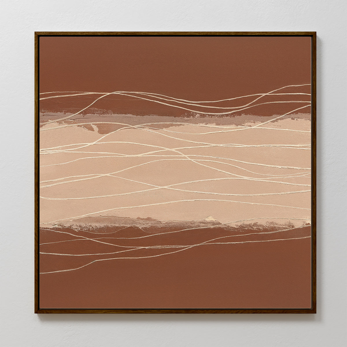 Terracotta Currents Canvas Art - Square features horizontal earthy brown and beige bands with wavy white and cream lines, evoking a Nordic Park landscape. Finished with a slim dark frame for a modern touch.
