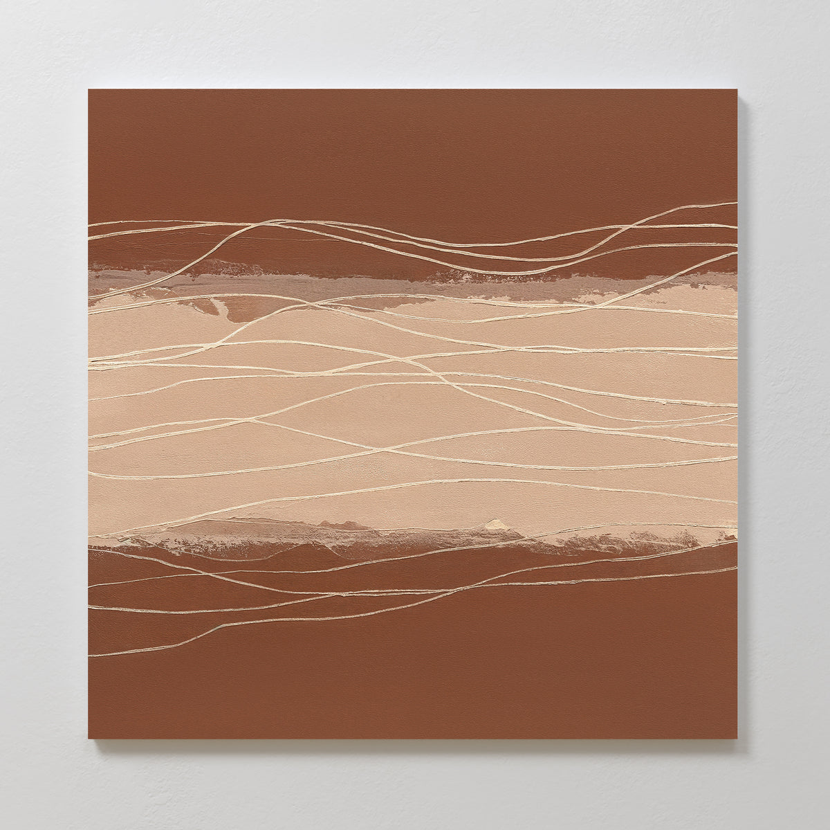 The Terracotta Currents Canvas Art - Square features layered browns and beiges with wavy white and tan lines, creating a textured, landscape-like effect—ideal for Nordic Park-inspired or terracotta wall art décor.