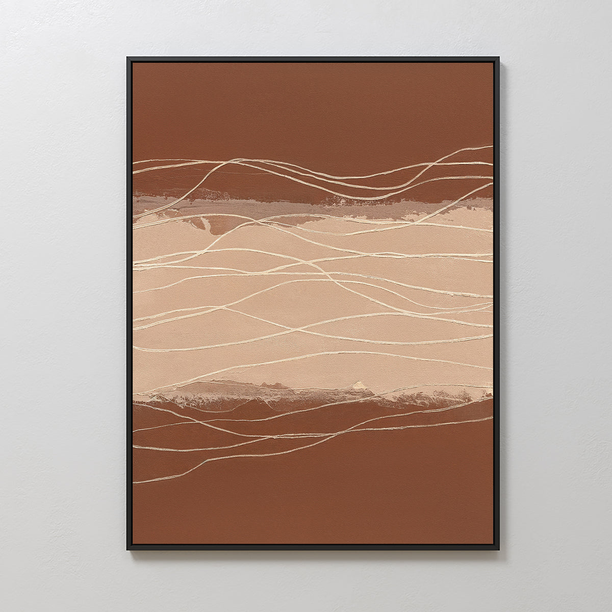 Terracotta Currents Canvas Art - Vertical features abstract wavy cream and beige lines over a brown and tan backdrop, creating a layered contemporary look—ideal for Nordic Park-inspired spaces.