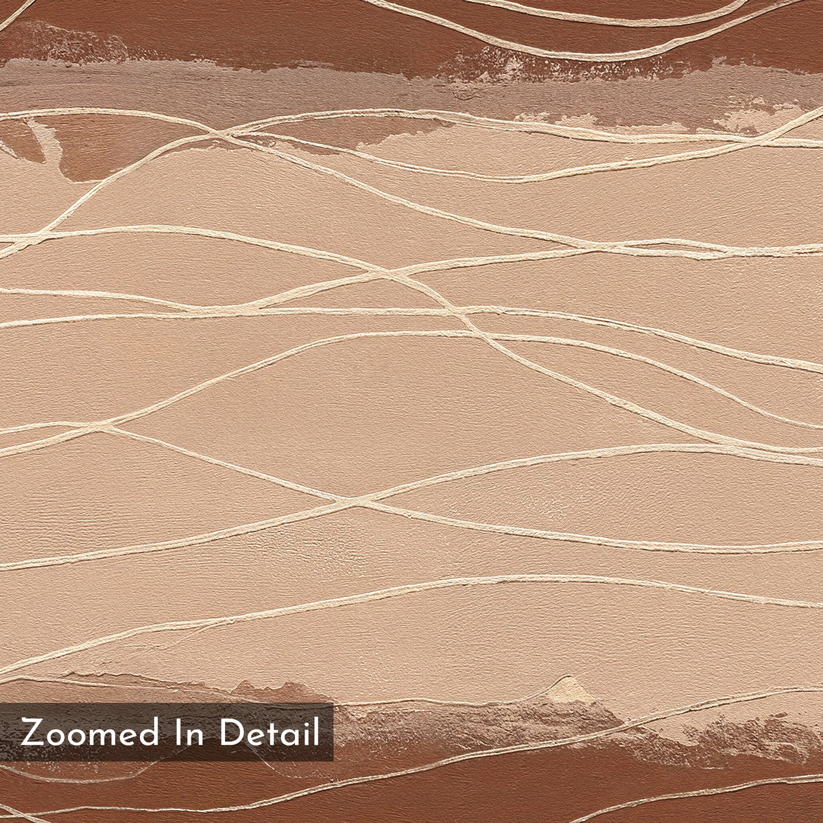 The Terracotta Currents Canvas Art - Vertical features abstract wavy cream-colored lines over a textured brown and beige background, with a "Zoomed In Detail" label accenting this contemporary terracotta wall art print.