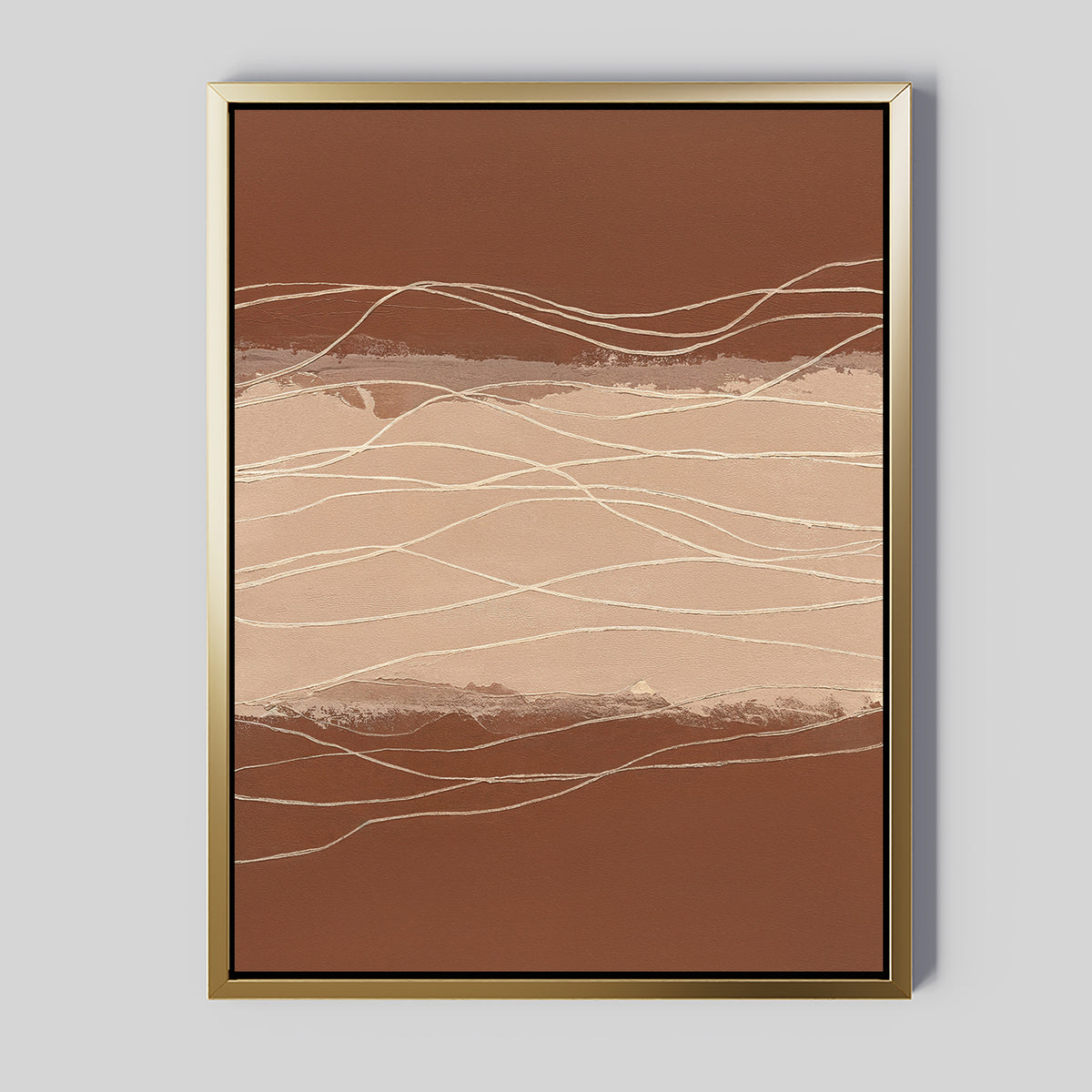 The Terracotta Currents Canvas Art - Vertical features wavy cream and beige lines on a brown background, resembling a landscape. Displayed in a gold frame, it creates a stylish contemporary statement on any light gray wall.