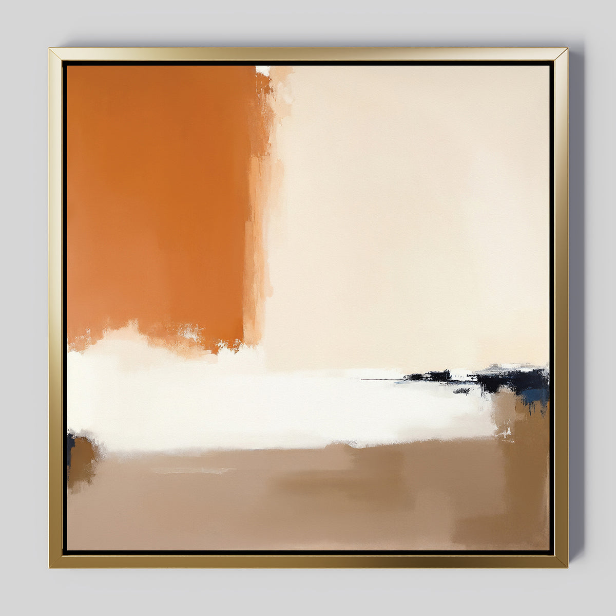 Terracotta Edge Canvas Art - Square features bold blocks of burnt orange, beige, white, and brown with dark blue and black accents—a contemporary abstract print in a gold frame, perfect for modern living room decor on a light gray wall.