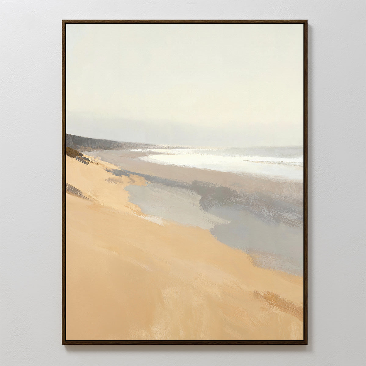 The Tidal Meditation Canvas Art - Vertical is a framed minimalist coastal wall art featuring soft beige sand, gentle waves, and a hazy sky in muted tones—perfect for elevating your beach decor.