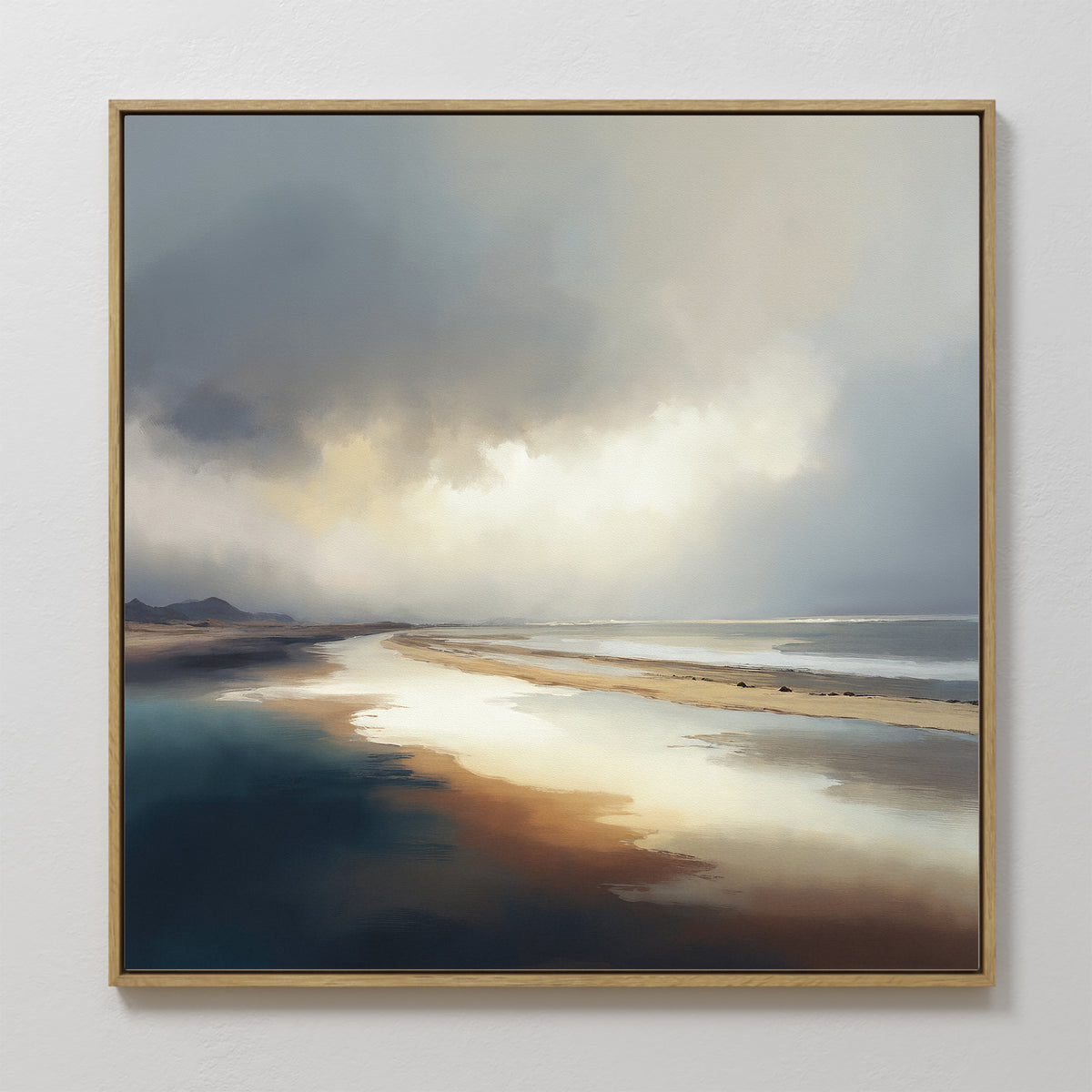 Tidal Reverie Canvas Art - Square: A framed canvas print featuring a tranquil beach under a cloudy sky with light reflecting on wet sand and calm water—ideal coastal wall art to create a serene space.