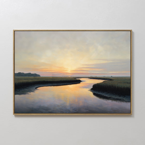 Tidal Whispers Canvas Art - Horizontal features a tranquil marsh landscape with a winding river reflecting a vibrant sunset, grassy banks, and distant trees—an ideal framed print to elevate your peaceful coastal home decor.