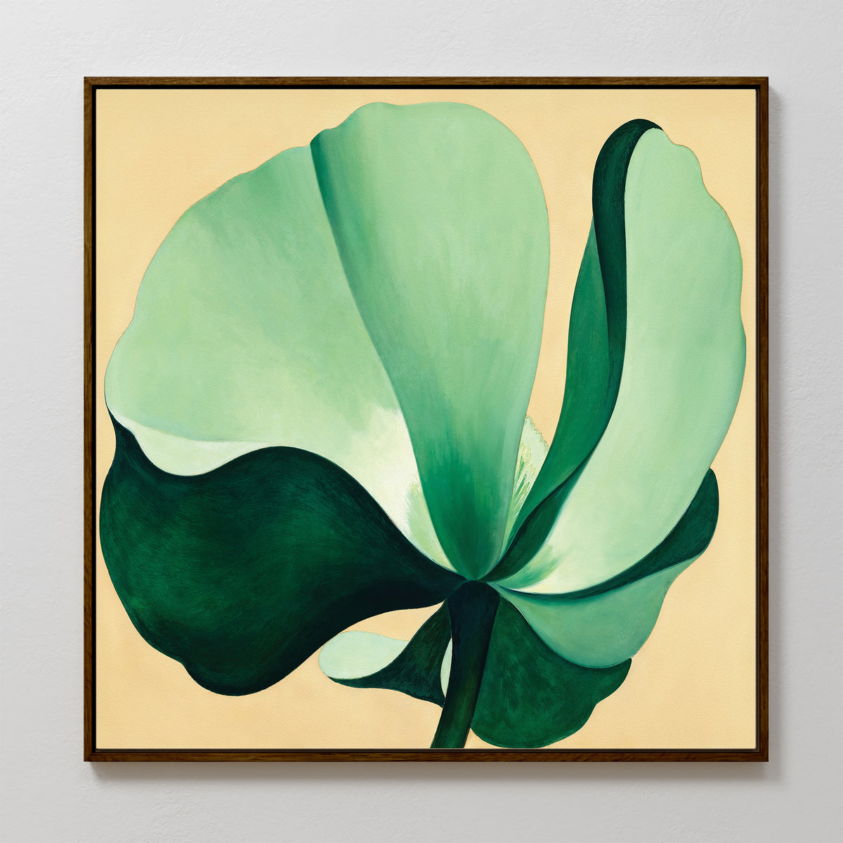 The Tropical Serenity Canvas Art - Square showcases a large, abstract green flower with broad petals on a pale beige background, bringing calming depth and style to any space.