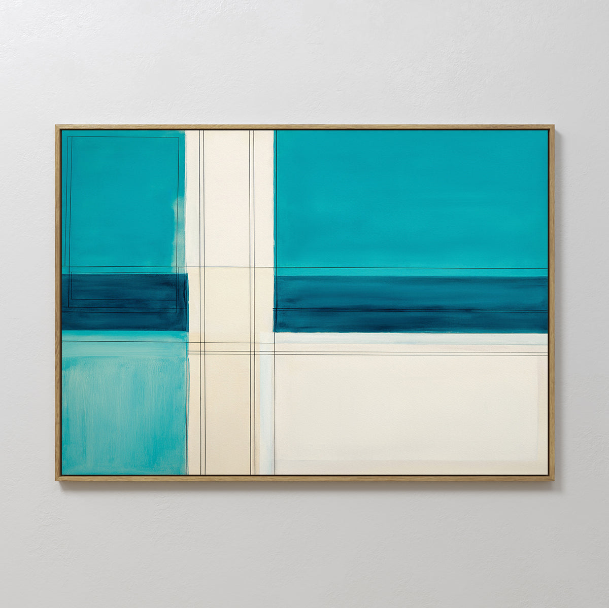 Turquoise Grid Canvas Art - Horizontal features blocks of teal, blue, and cream intersected by thin beige lines for a modern geometric look. This framed abstract print is showcased against a white wall.