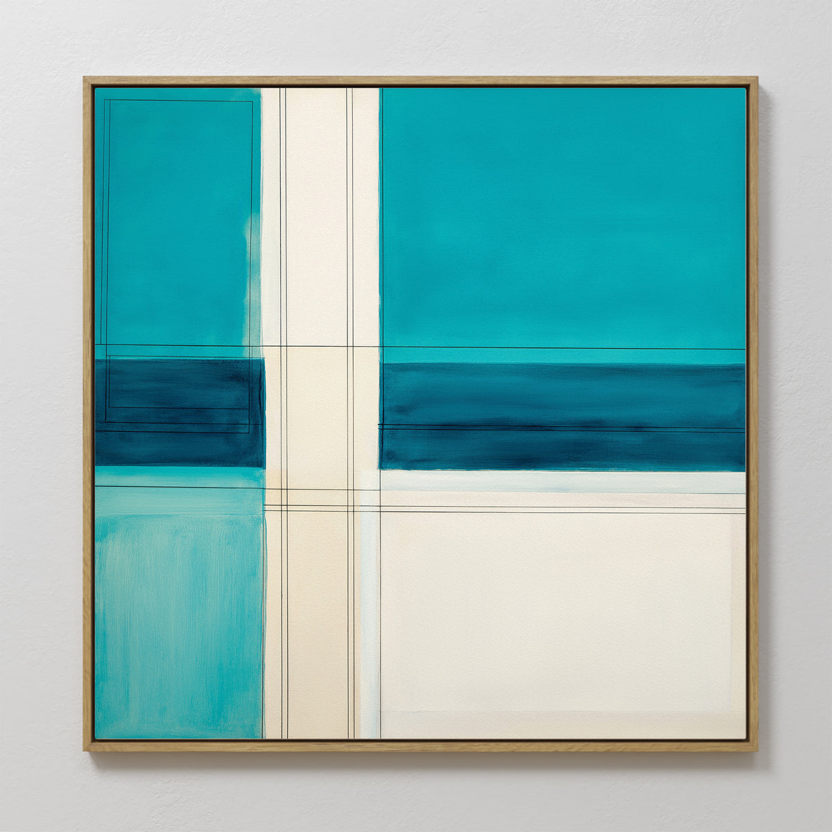 Turquoise Grid Canvas Art - Square: This contemporary abstract print features bold, intersecting lines in teal, blue, and cream within a wooden frame, creating geometric shapes and striking modern wall decor for minimalist spaces.