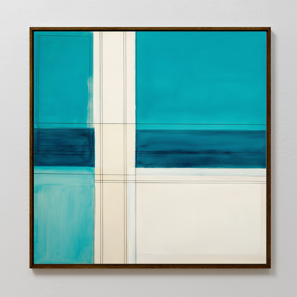 The Turquoise Grid Canvas Art - Square features bold blue, turquoise, and teal rectangles intersected by thin black lines in a striking geometric minimalist design—ideal as contemporary abstract wall decor.