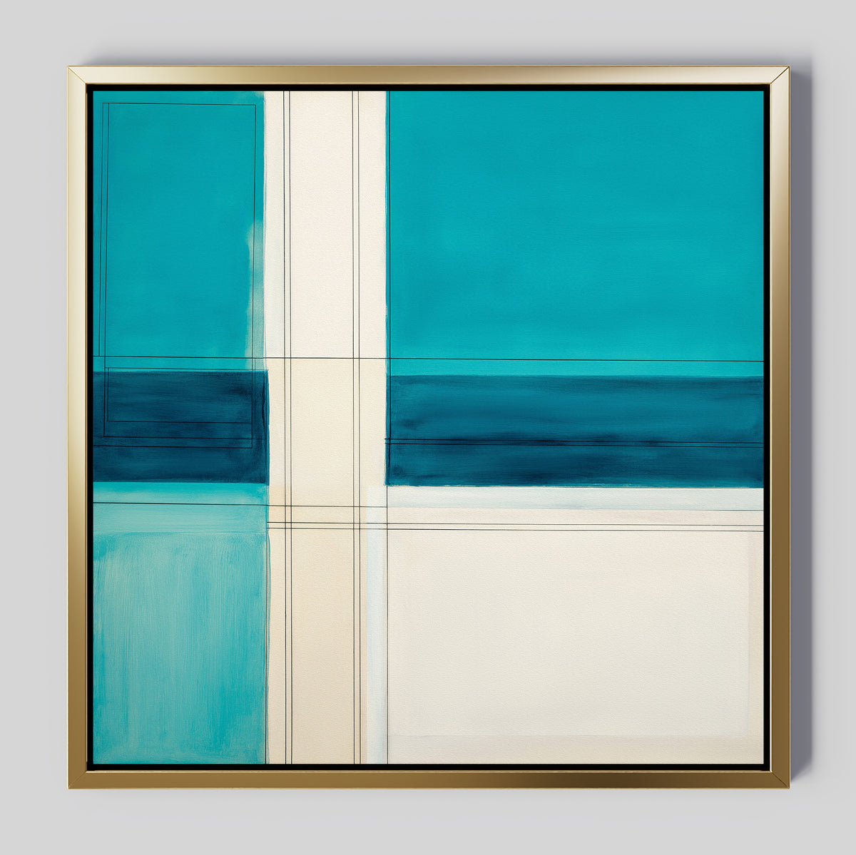 The Turquoise Grid Canvas Art - Square features intersecting cream and dark blue lines on a turquoise and white background with a gold frame. Its geometric shapes and clean lines make it ideal for striking modern wall decor.
