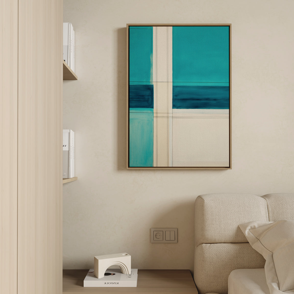A modern living space features a beige sofa, light wood shelves with books, and the Turquoise Grid Canvas Art - Vertical above a small table with a geometric white sculpture, adding charm to the geometric decor.