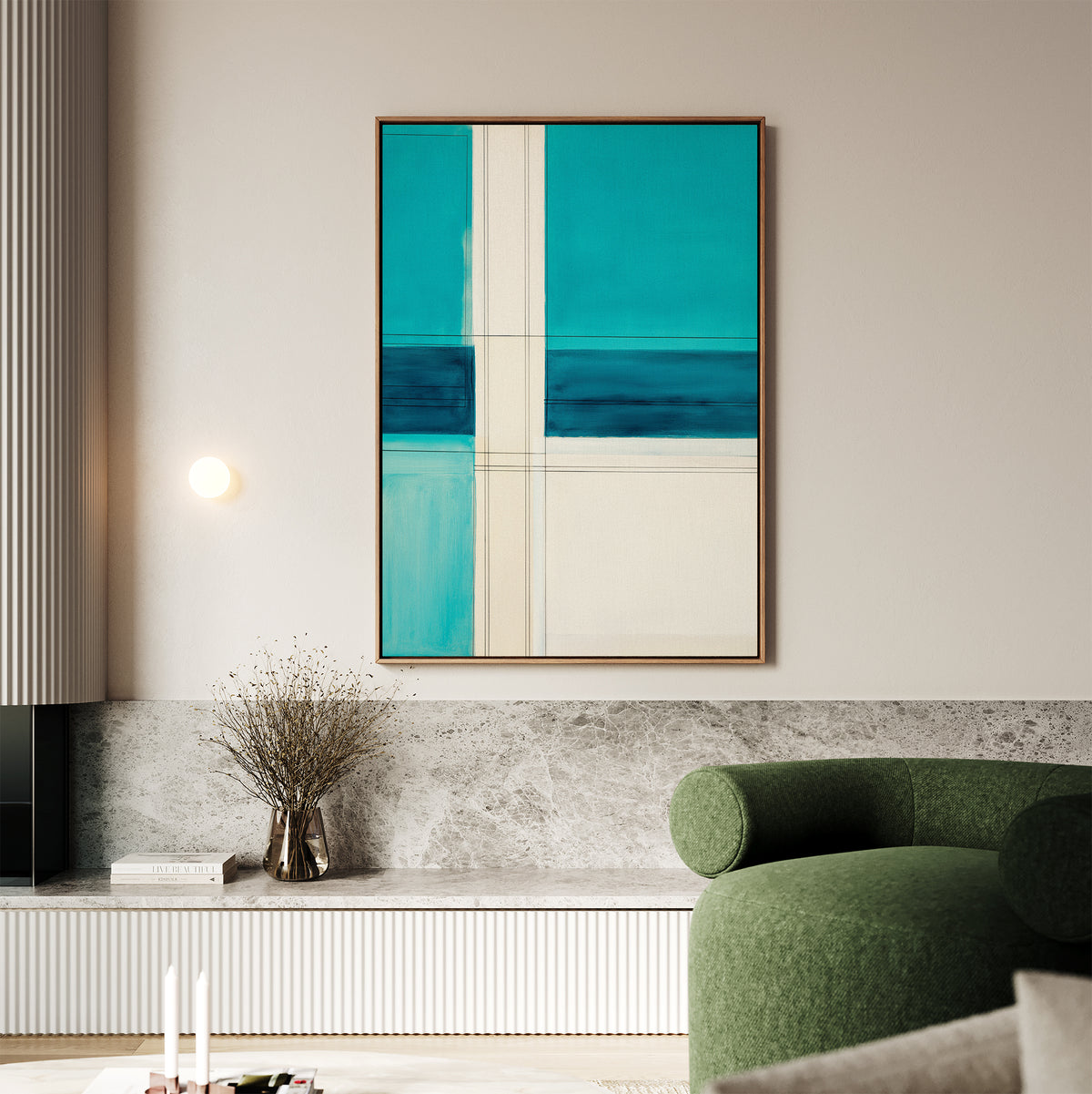 A modern living room featuring a green sofa, marble ledge, vase with dried branches, and the Turquoise Grid Canvas Art - Vertical adding blue, white, and teal tones to the light-colored wall.