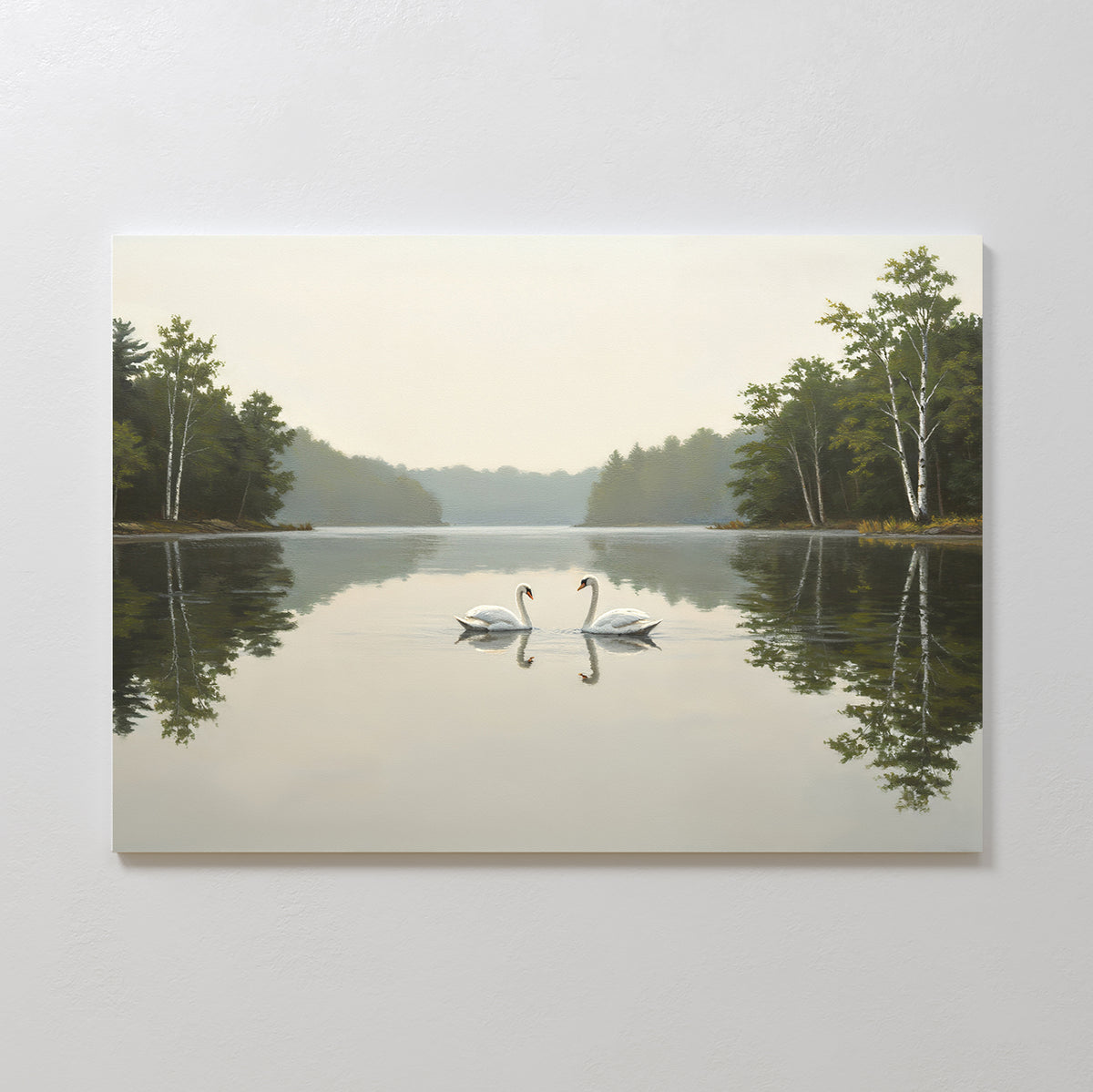 Capture tranquility with the Twin Swans Serenity Canvas Art - Horizontal, featuring two swans facing each other on a calm lake surrounded by trees—ideal serene wall decor for Nordic Park-inspired spaces.