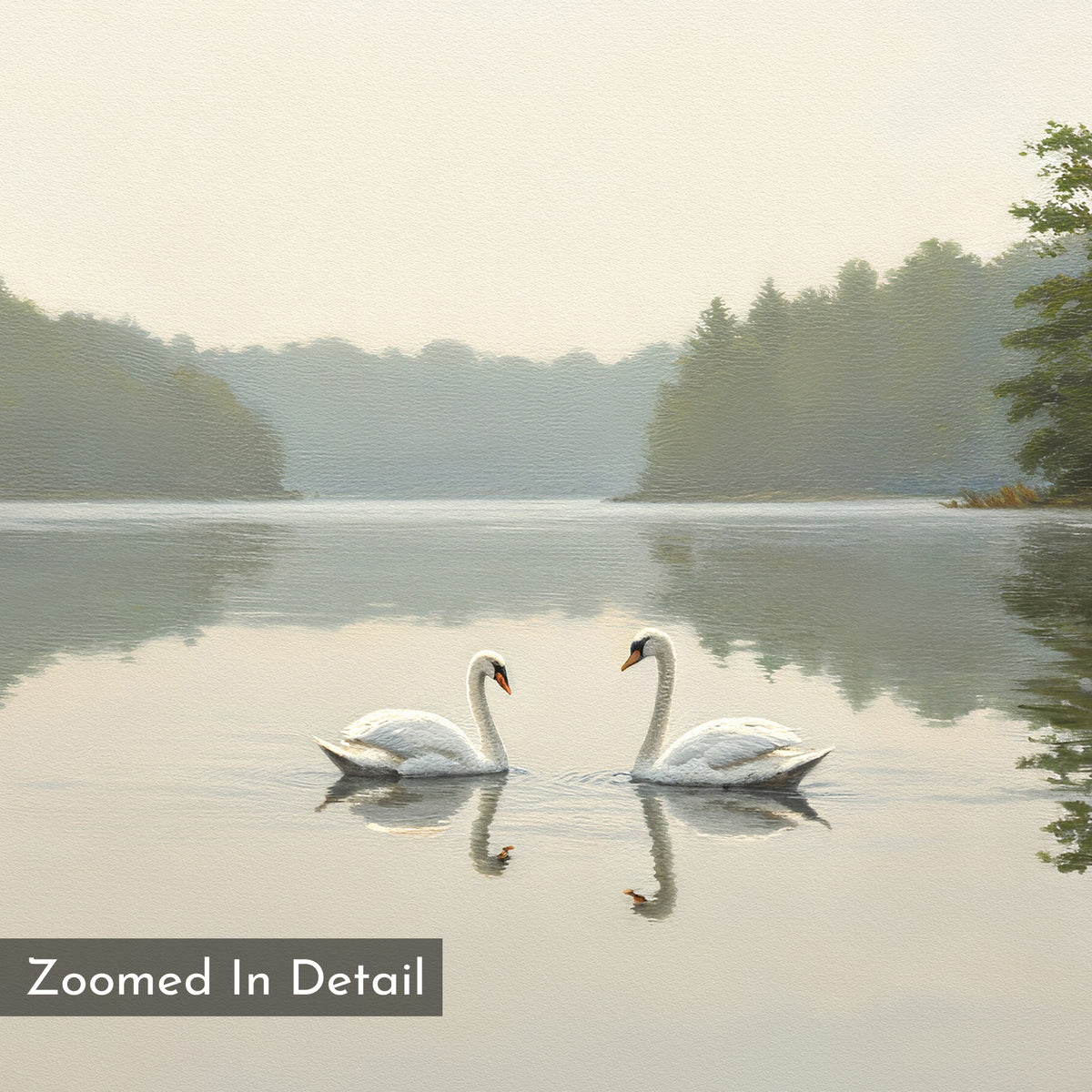 Two swans face each other on a calm lake, with shimmering reflections and misty trees behind. "Zoomed In Detail" appears in the lower left. Twin Swans Serenity Canvas Art - Horizontal is perfect for Nordic Park decor.