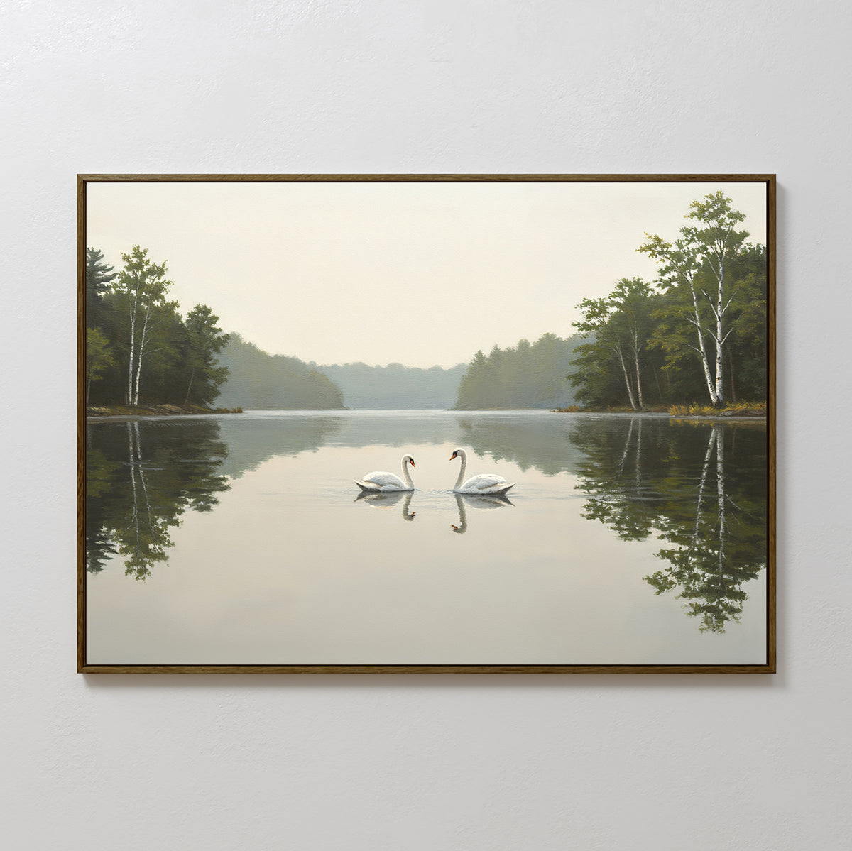 Twin Swans Serenity Canvas Art - Horizontal features two swans on a calm lake, surrounded by trees under a hazy sky. Their reflections shimmer in the water, making this serene wall art ideal for tranquil spaces.