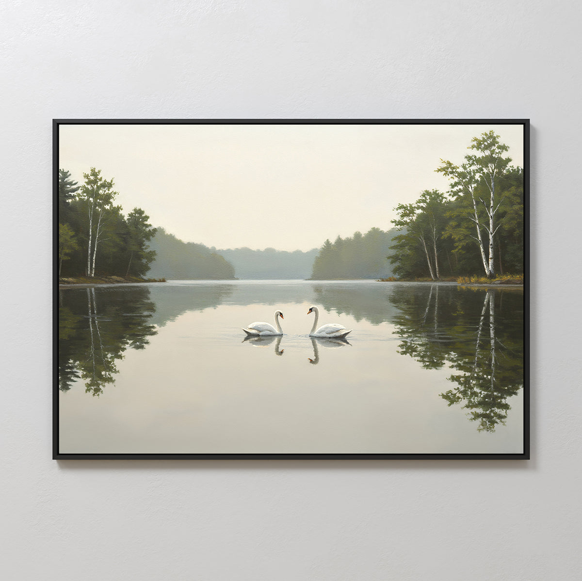 The Twin Swans Serenity Canvas Art - Horizontal features two swans facing each other on a tranquil lake, surrounded by green trees and their reflections under a misty sky—an ideal serene wall decor piece.