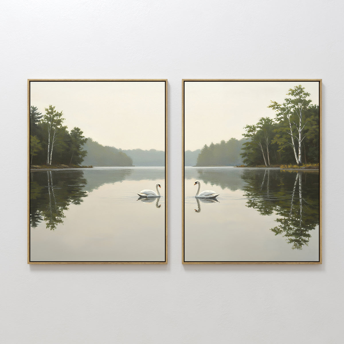 The "Twin Swans Serenity - Set of 2" features framed wall art prints of swans gliding on a tranquil lake amid trees and reflections, creating a peaceful, mirrored look—perfect for adding calm to Nordic-inspired home decor.