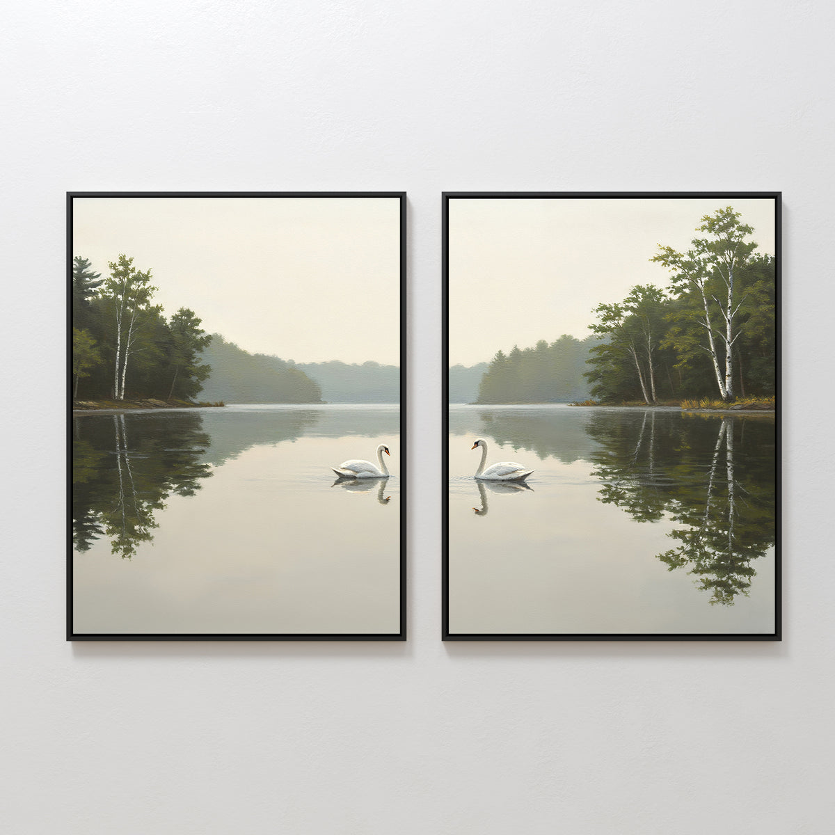 Twin Swans Serenity - Set of 2 features framed paintings of swans gliding on a tranquil lake with calm reflections and a misty forest backdrop, ideal as Nordic home decor or serene wall art for a peaceful ambiance.