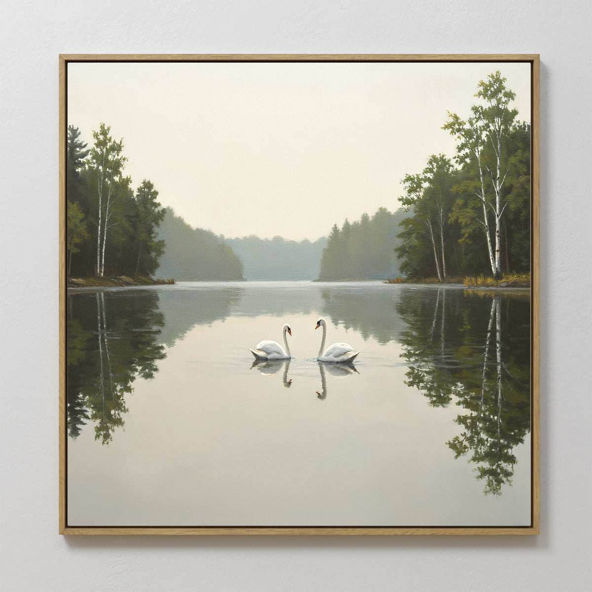 The Twin Swans Serenity Canvas Art - Square features two swans on a calm lake, framed by trees and reflections under a hazy sky—wall art inspired by Nordic Park tranquility.