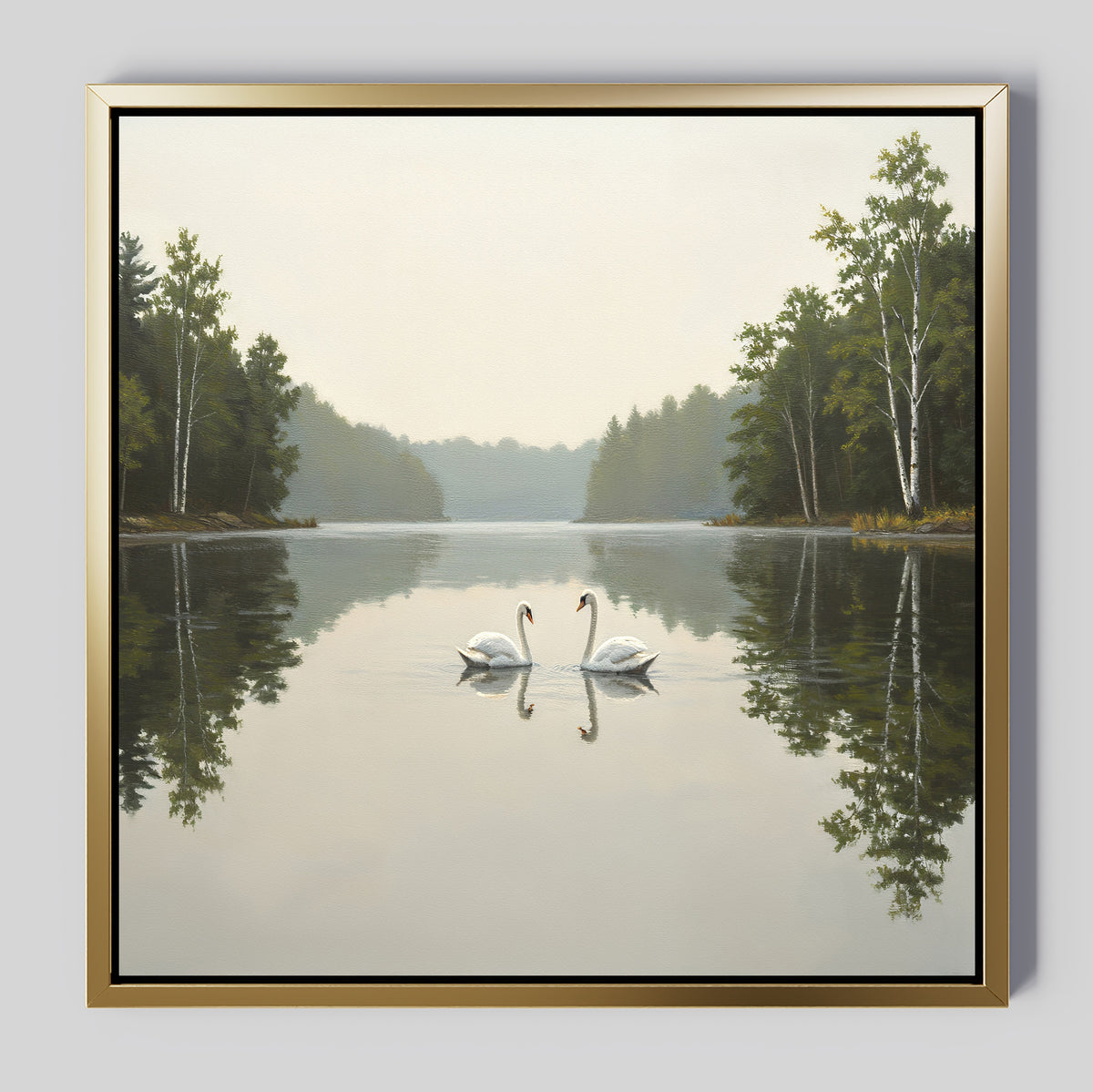 Twin Swans Serenity Canvas Art - Square features two swans facing each other on a calm lake in Nordic Park, with trees and soft skies reflected in the water—ideal wall décor for creating a peaceful, tranquil space.