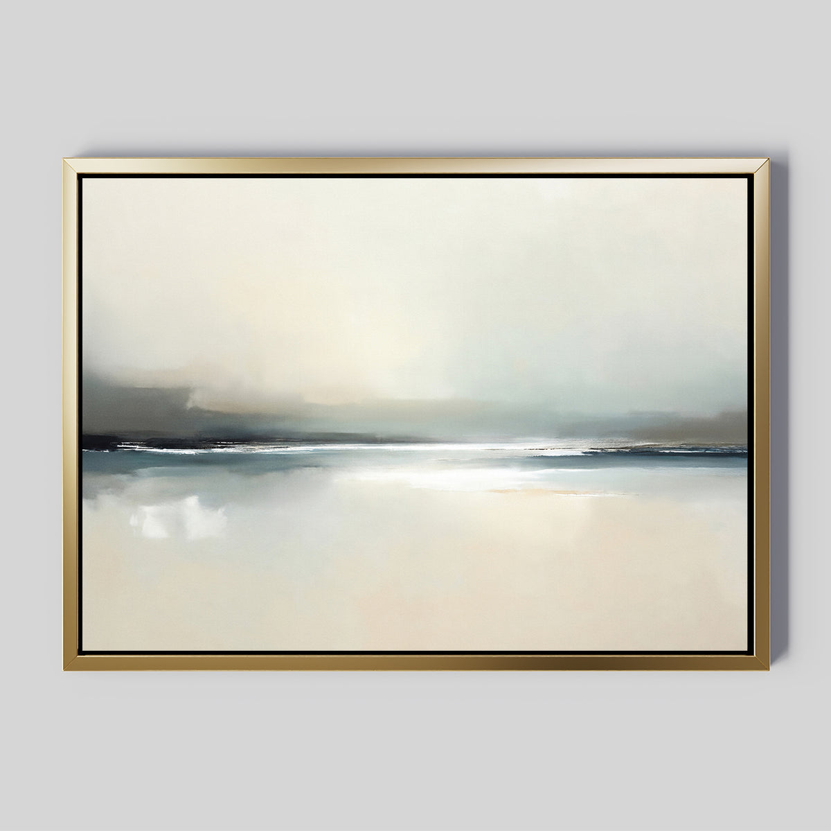 The Veiled Estuary Canvas Art - Horizontal features a minimalist seascape in soft hues of white, beige, gray, and blue—this framed abstract print is ideal contemporary wall art for creating a tranquil atmosphere.
