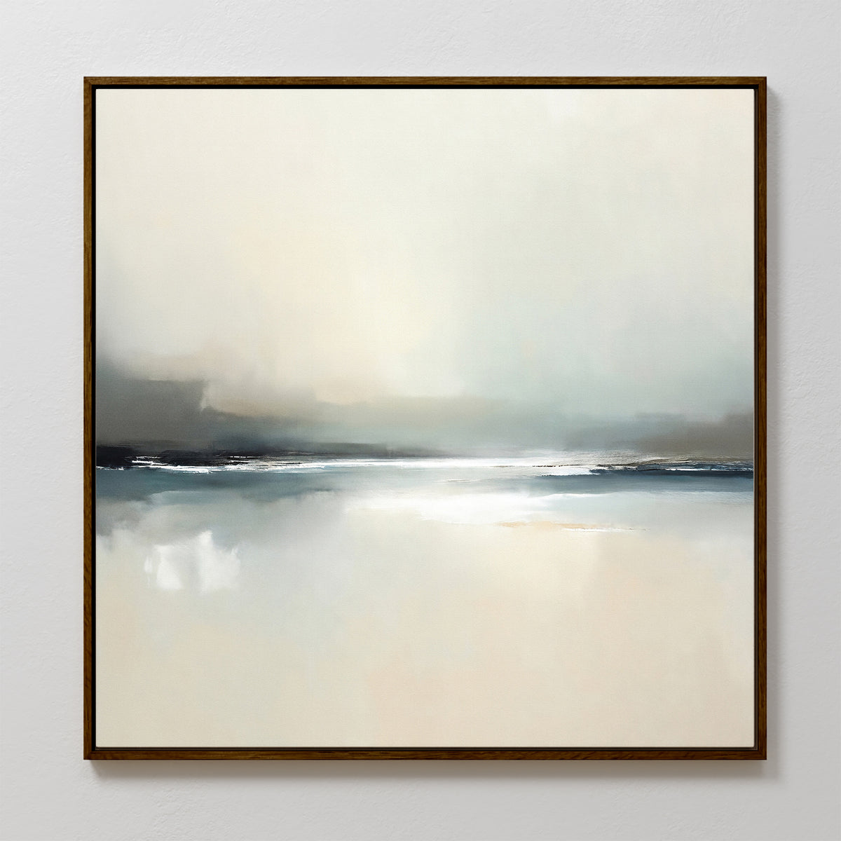 Veiled Estuary Canvas Art - Square features a minimalist abstract design with soft neutral tones, a hazy horizon, and gentle reflections evoking serenity. This contemporary wall art comes in a sleek, dark wooden frame.